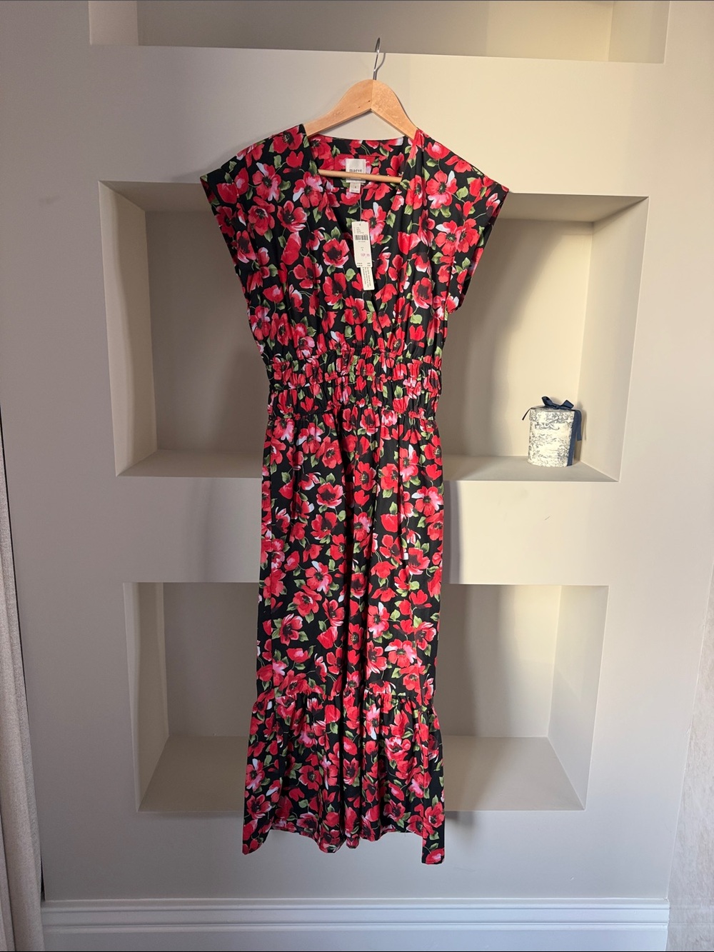 Anthropologie Black Maxi Dress with Pink & Green Floral Print